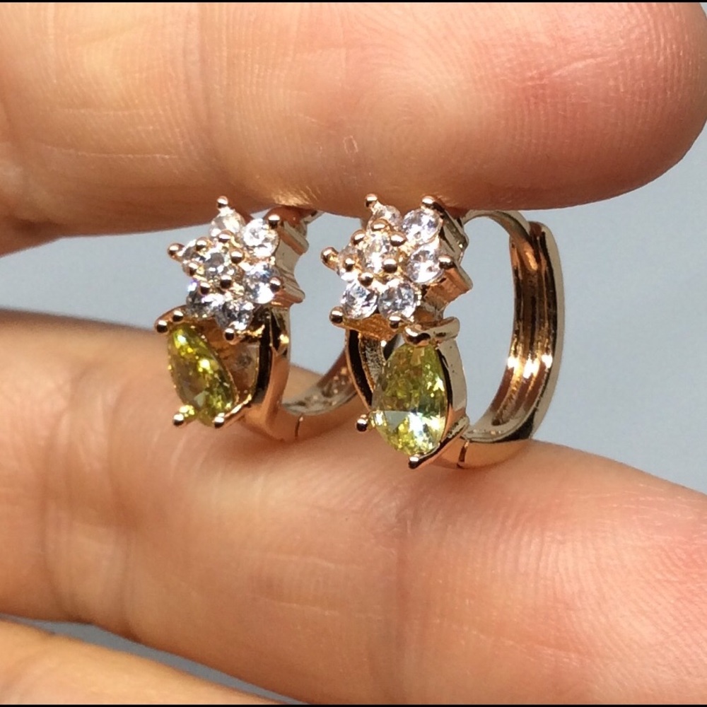 Gold Filled & Green Zircon Huggie Hoop Earrings.